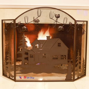 Metal Fireplace Screen Rustic Home Cabin House Scene With Pine