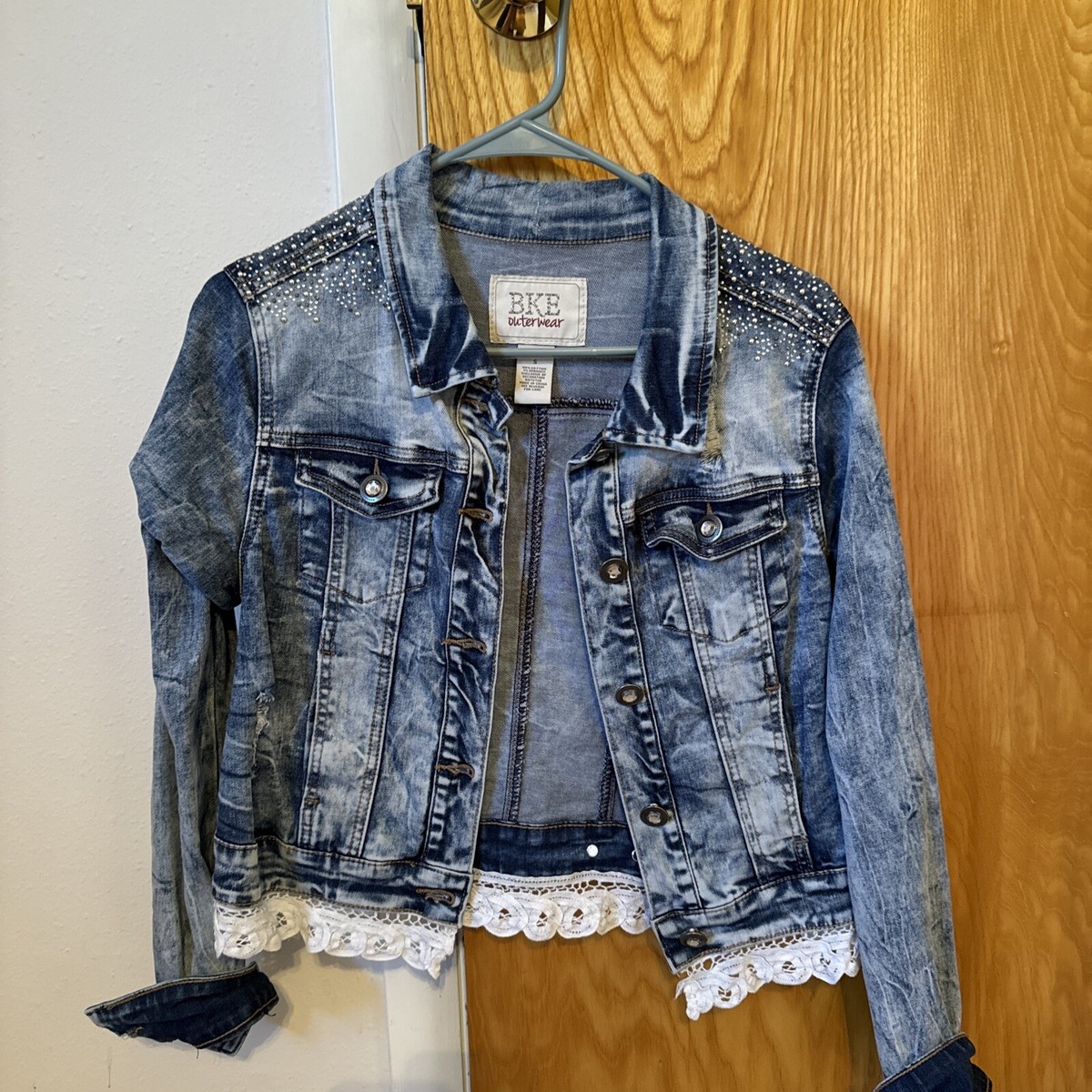 BKE Denim Light Blue Jean Jacket Womens S Small Buckle USA