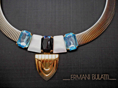 Vintage Unsigned Ermani Bulatti Gold & Old Silver Necklace w/Plexi Stones
