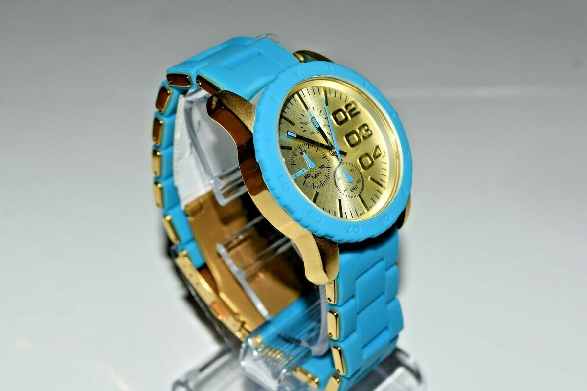 Diesel Yellow Gold IP SS Blue Rubber Chronograph DZ5360 $240 Watch 