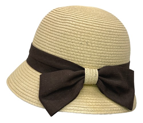 Ribbon Sonni Hat Natural Straw With Gold Bow Fabric cloche  display picture 2