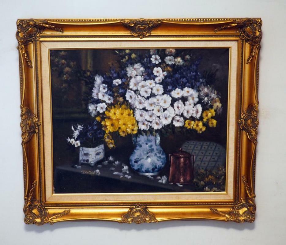 【DISCERNMENT】Vintage Painting Box Sleeve T 20'th century oil on canvas floral painting by D. Goetz