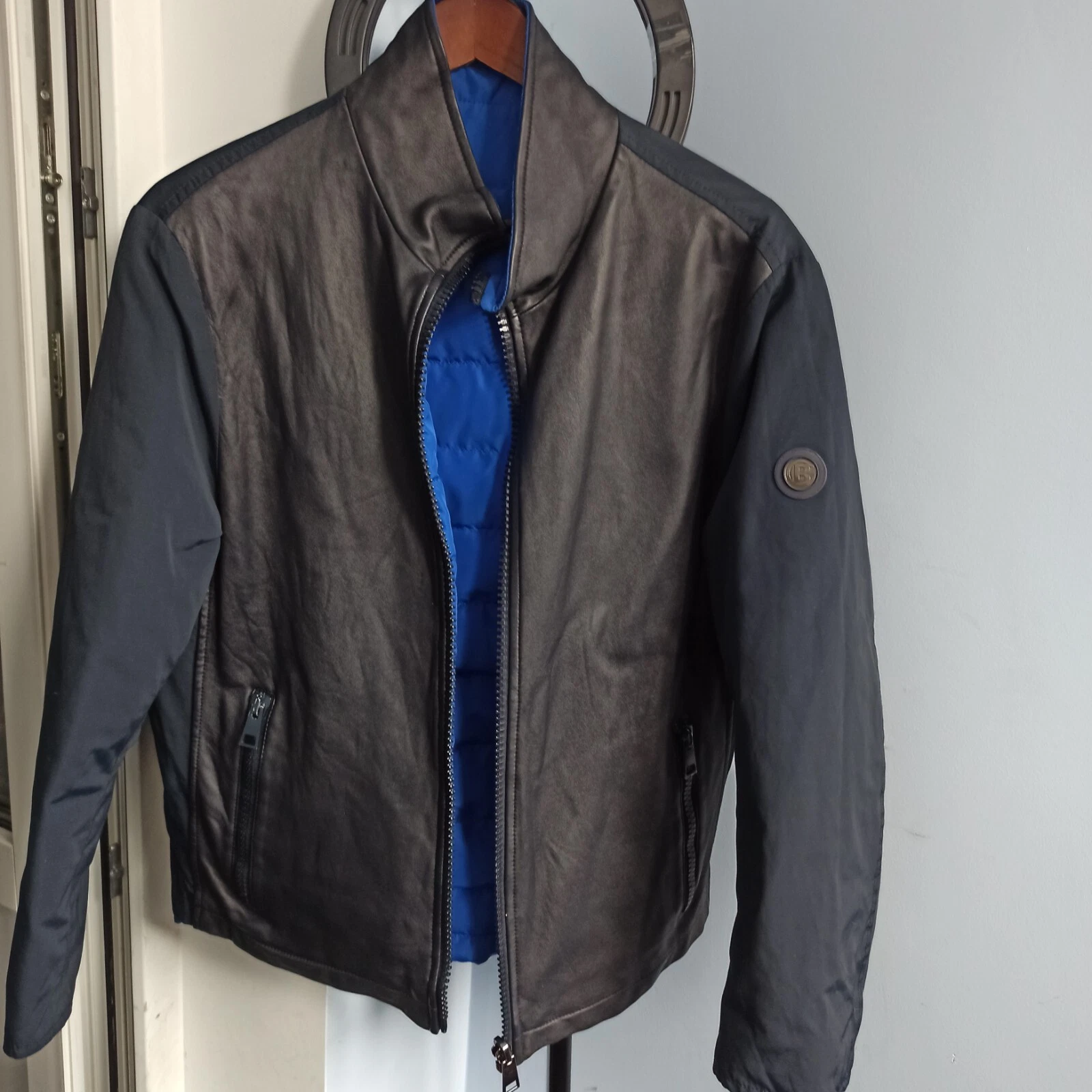 Baldinini mens down quilted reversible nylon leather jacket coat - product detail image 2