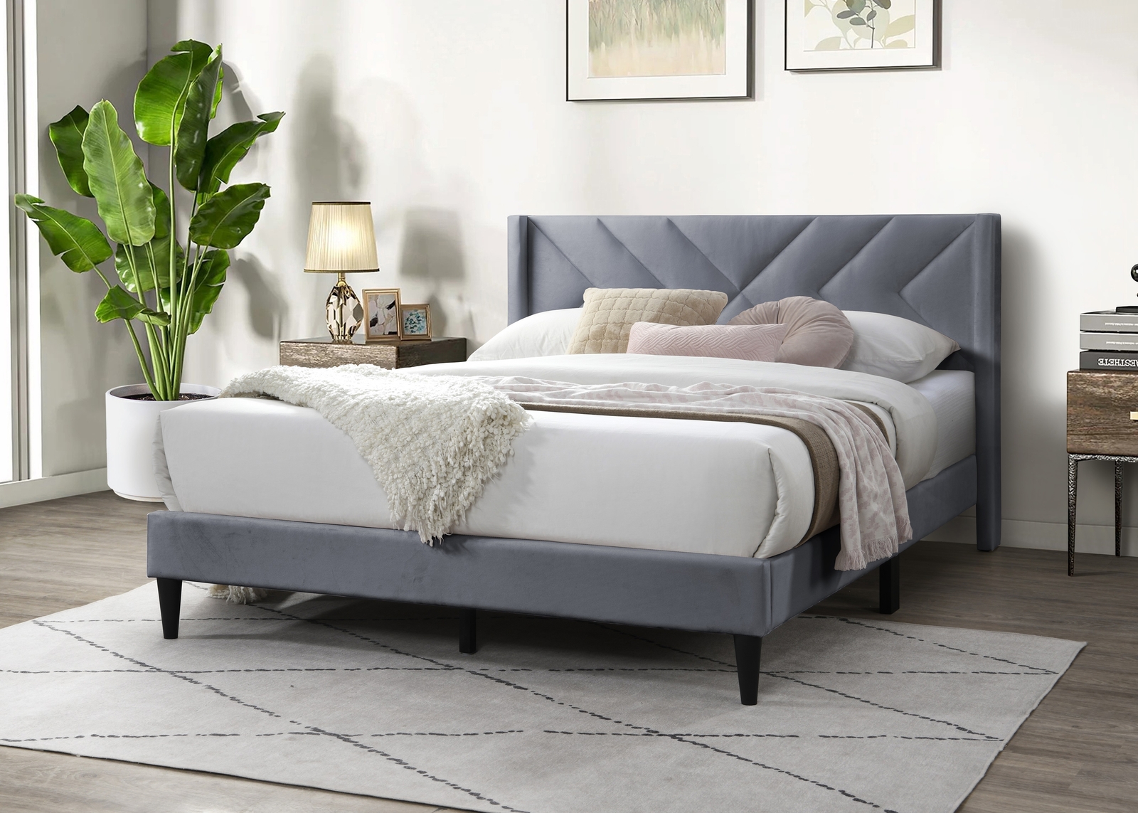 Elegant Modern Gray Velvet Upholstered Queen Size Bed Clean Lines Design Headboa
