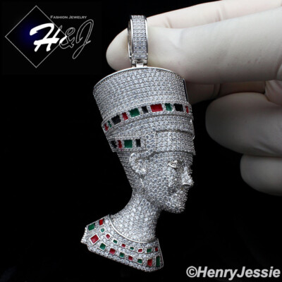 14K WHITE GOLD PLATED ICY BLING CZ EGYPTIAN QUEEN NEFERTITI SIDE FACE PENDANT*13