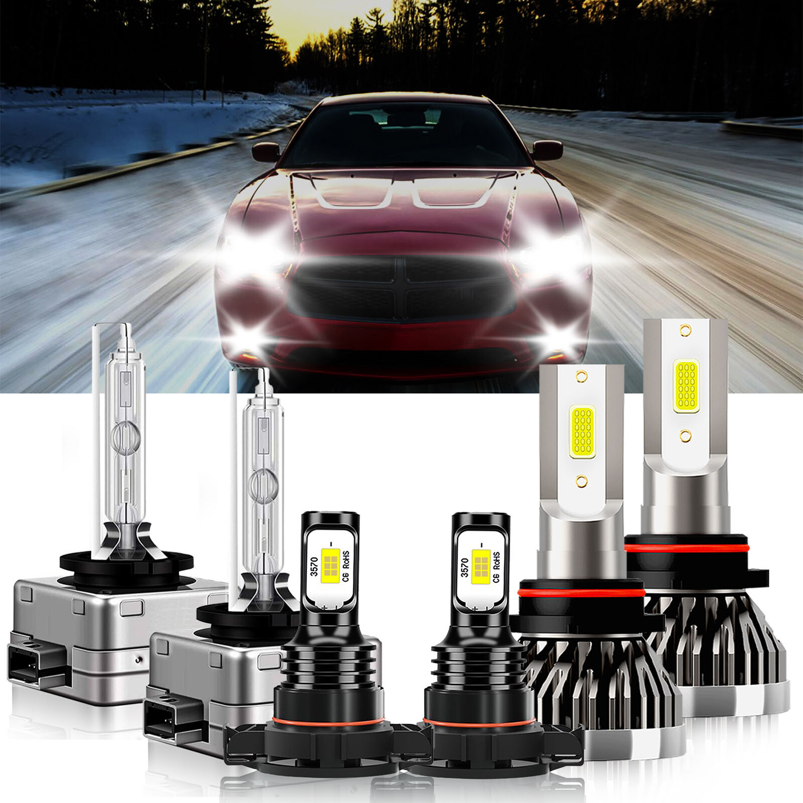 For Dodge Charger 2010-2010 9005 D1S 5202 LED HID Headlight+Fog Light Bulb Combo