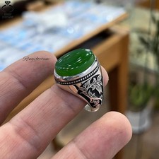 Natural Green Yemeni Aqeeq Ring Oval Agate Stone For Men