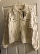 NWT Elie Tahari Ivory 100 Fine Merino Wool Cable Knit Placket Sweater Large
