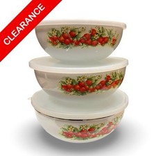 NEW Strawberry Enamel Mixing Bowl Set w/ Lids 3 Nesting Retro Kitchen Bowl