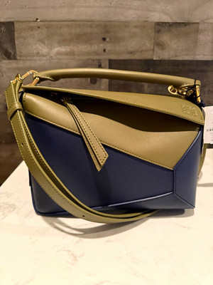 Loewe Puzzle Small Colorblock Blue/Olive Crossbody Zip Gold Hardware Card