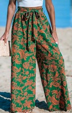 Nwt Cupshe Women's Lightweight Pull On Wide Leg Pants orange Green Medium
