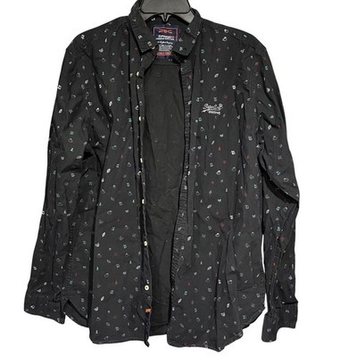 Superdry Premium Button Down Shirt XXL Black Woodland Print Squirrels Raccoons