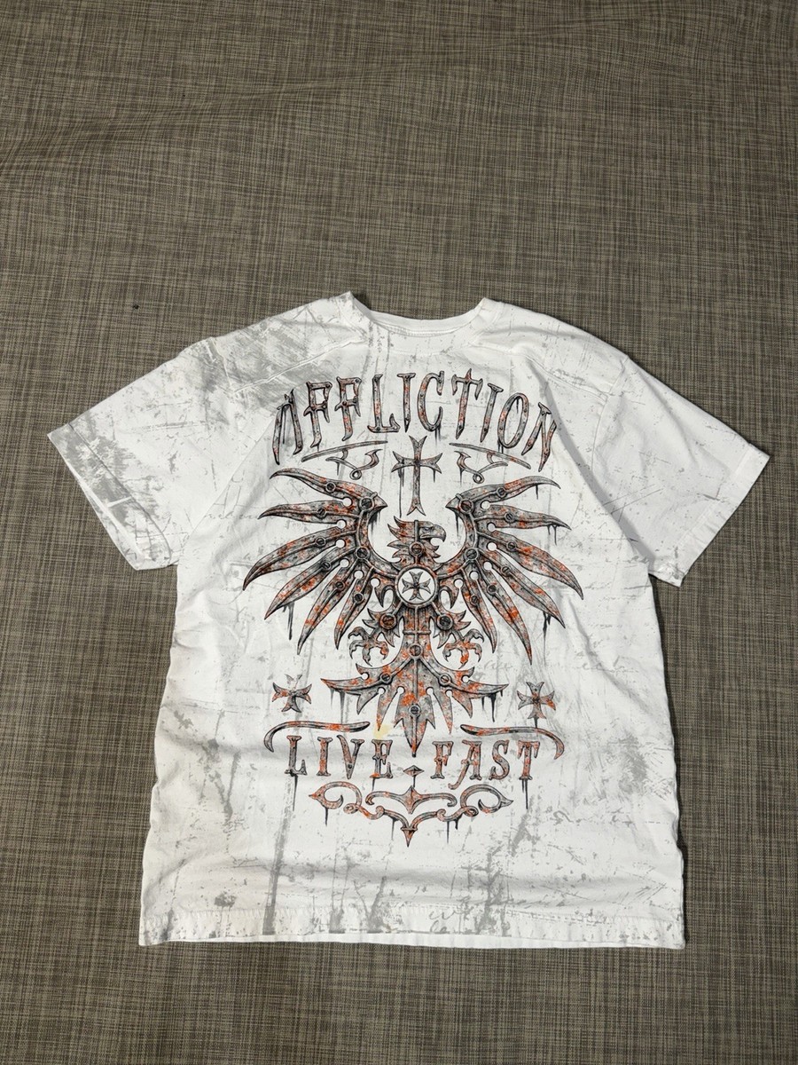 Affliction Men's Y2K Graphic T Shirt Size XL White/Orange Emo Goth