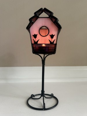 Bohemian Pink & Purple Stained Glass Bird House W/Flowers Candle Holder 8.5 