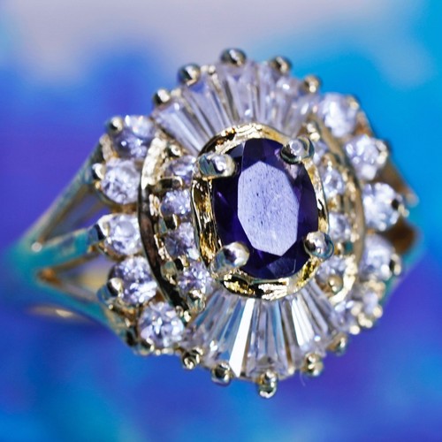Misura 8, anello vintage vermeil oro su argento sterling 925 a grappolo zirconi zaffiro - Foto 1 di 8