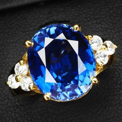 Bagues en argent sterling 925 en or 24 carats spectaculaires ovales saphir... - Photo 1/4