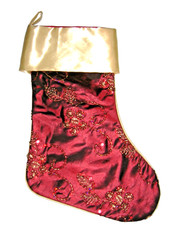 VTG VICTORIAN COLLECTIBLE STOCKING 2008 WINE SATIN WITH GOLD SEQUINED FLOWERS