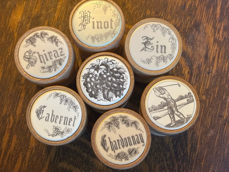 Wooden Cork Wine Stoppers Ceramic Labeled Inserts Custom Stands Golfer