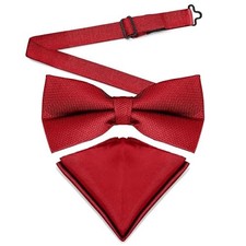 Mens Banded Bow Tie and Pocket Square Set  Solid Color  Pre Tied Classic Red