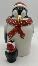 Spode Christmas Santa Penguin Candy Jar 7.5" Porcelain Gold Accents Mama Baby