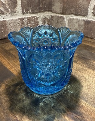 Vintage KEMPLE YUTEC Blue Pressed Glass STAR & FAN Open Sugar Bowl