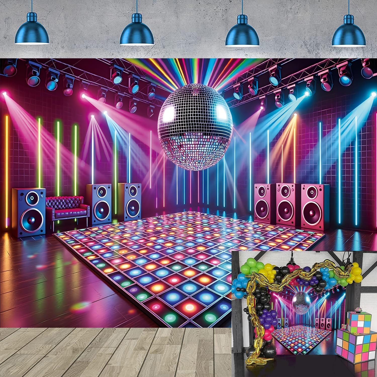 Disco Stage Backdrop Retro Rock Music Disco Ball Glow Colorful Photography