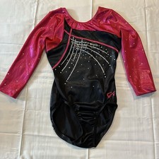 GK Elite Metallic Hot Pink Black Rhinestone 3/4 Sleeve Gymnastics Leotard AS