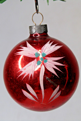 Vintage Glass Stencil Pictured FLOWER Red BALL Christmas Ornament Corning
