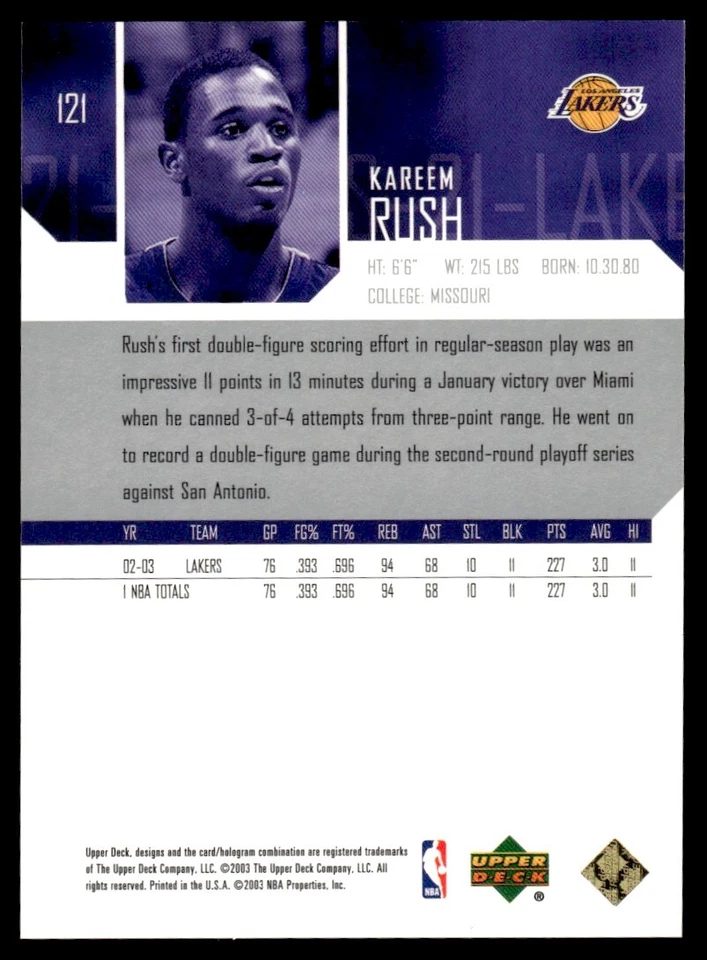 2003-04 Upper Deck UD Exclusives Rainbow Kareem Rush 23/25 Lakers #121 Foto 2 de 2