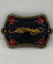 Vintage  Drawn By Ed Hardy In Seattle  Black Leather Belt Buckle w/ Roses -
