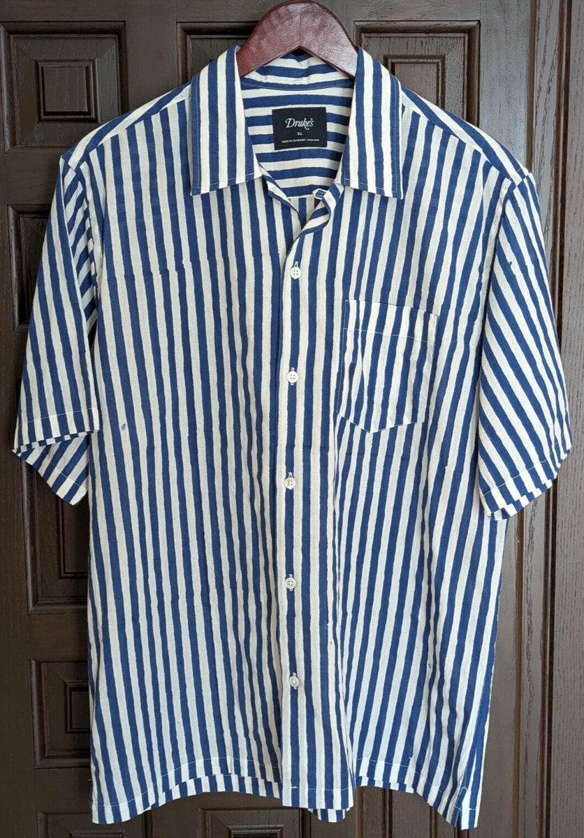 DRAKE'S Blue Stripe Block Print Cotton Camp Collar Short Sleeve