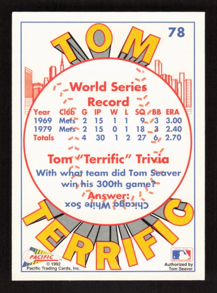 1992 Pacific Tom Seaver #78 Tom Seaver New York Mets - Image 2 of 2