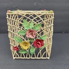 Vintage Wire Floral Tissue Box Cover 5 X 5 X 5.25" Cottagecore Shabby Chic Tole