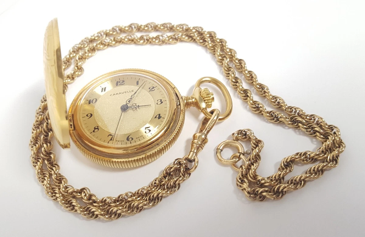 Bulova Caravelle Swiss Hunter Pocket Watch Lestage Gold Filled Chain Necklace