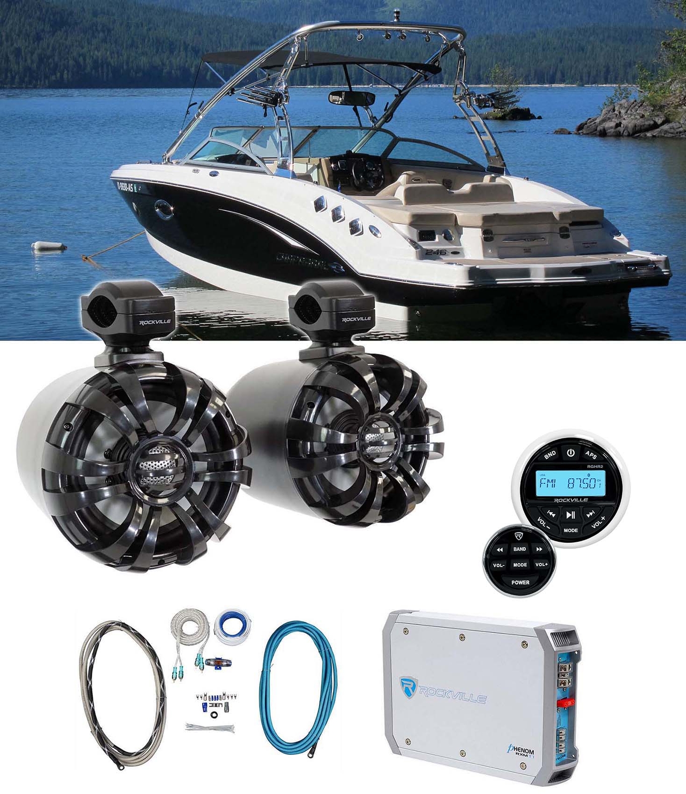 2 Поворотные колонки для морского вейкборда Rockville WB65 Black 65 мощностью 600 Вт Усилитель ресивер