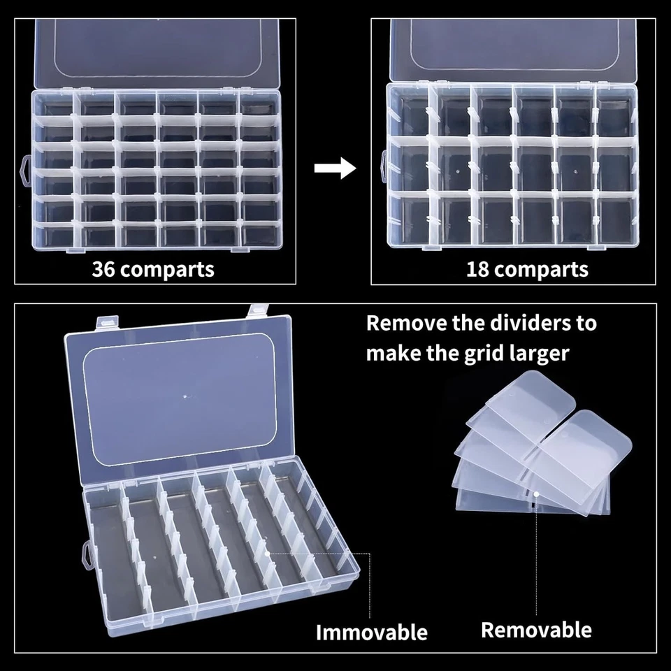 36 Grids Clear Plastic Organizer Box Storage Jewelry Box w/ Adjustable Dividers - Image 3 of 4