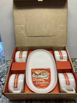 Vintage 8 PC FEDERAL GLASS CO SOUP 'N SANDWICH SNACK SET in BOX, Milk Glass NOS