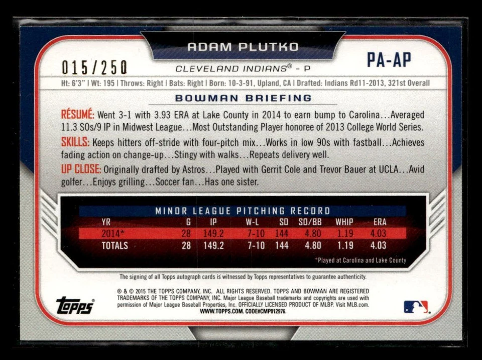 2015 Bowman #PA-AP Adam Plutko Paper Prospect Retail Autographs Purple #/250 - Image 2 of 2
