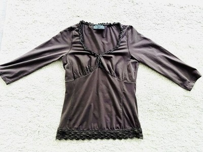 TANDEM Designer Shirt Mittelbraun Gr34/36 Damen 3/4 Arm Spitze Baumwolle Stretch