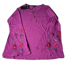 DG2 Diane Gilman Womens Large Purple Floral Embroidered Bell Sleeve Top