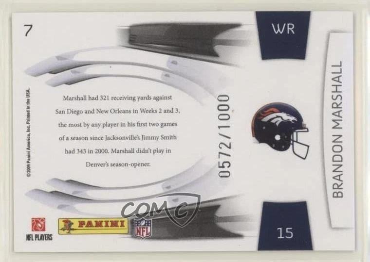 2009 Playoff Prestige Prestigious Pros Blue /1000 Brandon Marshall #7 - Image 2 of 2