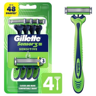 Gillette Sensor3 Sensitive Men's Disposable Razor, 4 Razors