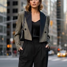 Sacai Japan Hybrid Tuxedo Cropped Satin Lapel Oversized Olive Jacket Sz 2 NWT