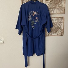 Vintage Health Asian Chinese Embroidered Kimono Robe Blue Sz L B33