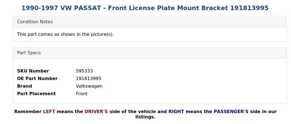 VW PASSAT 1990-1997 - Soporte de montaje de matrícula delantero 191813995 Foto 3 de 4