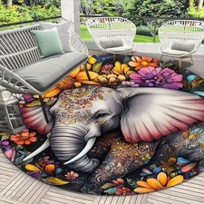 140cm 140cmBohemian Elephant Floral Round Mat - Lightweight, Non-Slip, Machine W