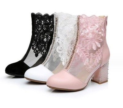 Womens Lace Mesh Back Zip Block Heel Ankle Boots Club Sweet Casual Dress Sandals