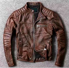 Men Motorcycle Café Racer Biker Leather Jacket Brown Genuine Sheep Skin Leather