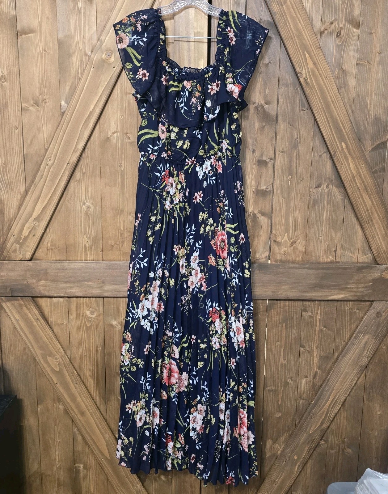 Indigo Rose Navy Blue Floral Maxi Dress Women’s Size L Ruffle Off Shoulder Boho