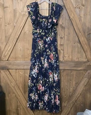 Indigo Rose Navy Blue Floral Maxi Dress Women’s Size L Ruffle Off Shoulder Boho